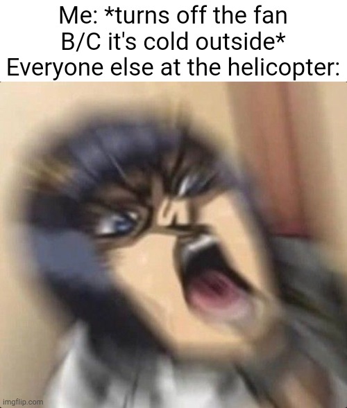 Dead | Me: *turns off the fan B/C it's cold outside*
Everyone else at the helicopter: | image tagged in screams in italian,me everyone else | made w/ Imgflip meme maker