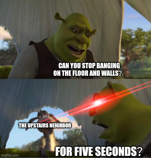 Shrek For Five Minutes | CAN YOU STOP BANGING ON THE FLOOR AND WALLS？; THE UPSTAIRS NEIGHBOR; FOR FIVE SECONDS？ | image tagged in shrek for five minutes | made w/ Imgflip meme maker