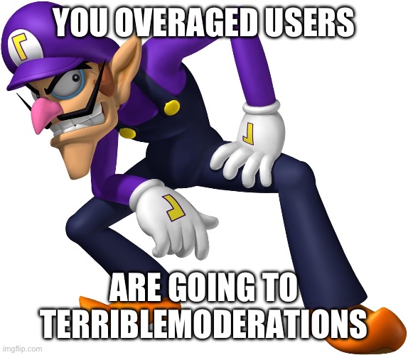 delete this stream (mod: Nice grammar, dumbass) | YOU OVERAGED USERS; ARE GOING TO TERRIBLEMODERATIONS | image tagged in too bad waluigi time | made w/ Imgflip meme maker