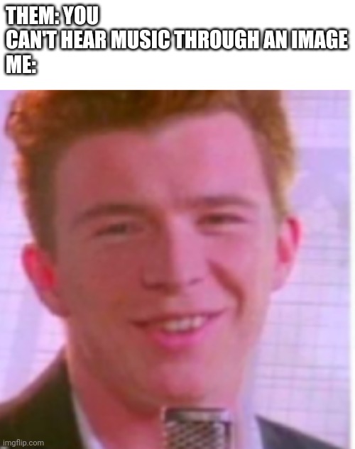 THEM: YOU CAN'T HEAR MUSIC THROUGH AN IMAGE
ME: | image tagged in rick astley | made w/ Imgflip meme maker