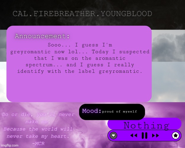 I'm romance ambivalent! | Sooo... I guess I'm greyromantic now lol... Today I suspected that I was on the aromantic spectrum... and I guess I really identify with the label greyromantic. proud of myself; Nothing | image tagged in cal's announcement temp ace clouds | made w/ Imgflip meme maker
