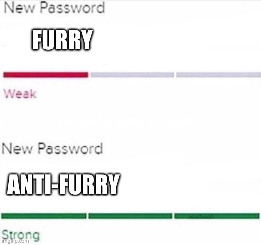 . | FURRY; ANTI-FURRY | image tagged in password strength,wtf even reads these tags | made w/ Imgflip meme maker