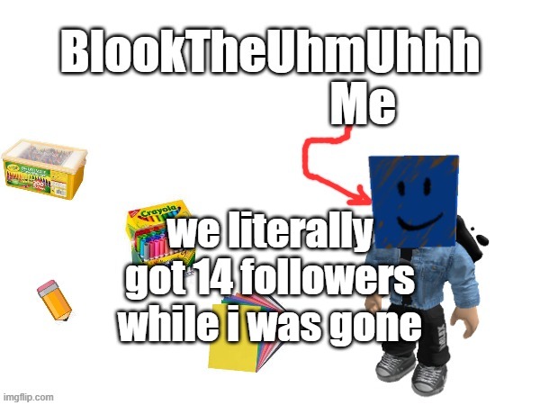 Blook's New Announcements | we literally got 14 followers while i was gone | image tagged in blook's new announcements | made w/ Imgflip meme maker