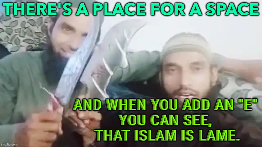 There's A Place For A Space | THERE'S A PLACE FOR A SPACE; AND WHEN YOU ADD AN "E" 
YOU CAN SEE, 
THAT ISLAM IS LAME. | image tagged in radical islam | made w/ Imgflip meme maker