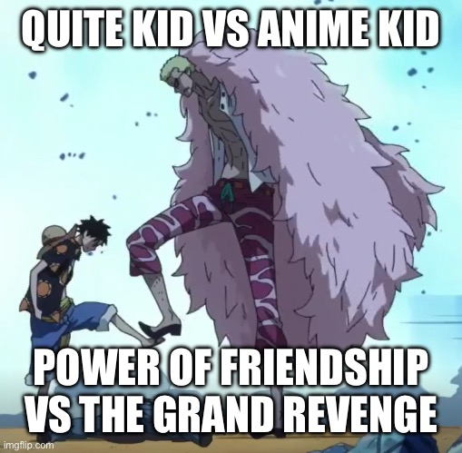 Quite (right) and Anime (left) | QUITE KID VS ANIME KID; POWER OF FRIENDSHIP VS THE GRAND REVENGE | image tagged in one piece luffy doflamingo stop | made w/ Imgflip meme maker