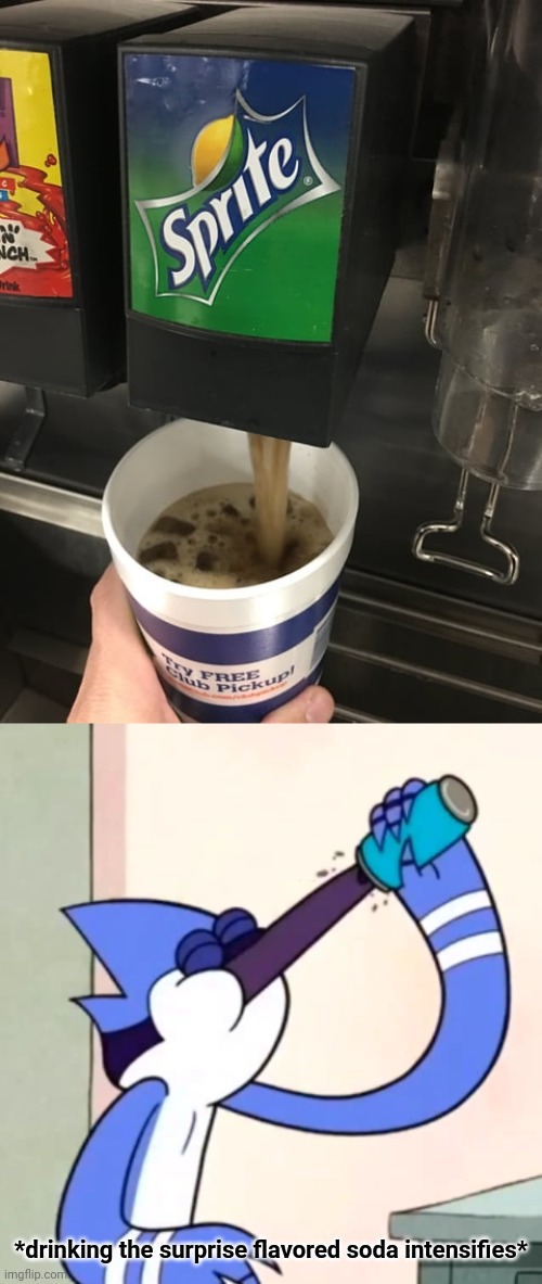 A surprise soda | *drinking the surprise flavored soda intensifies* | image tagged in mordecai drinking soda,sprite,soda,you had one job,memes,soft drink | made w/ Imgflip meme maker