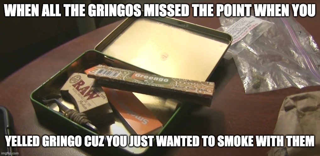 GreengoLandia | WHEN ALL THE GRINGOS MISSED THE POINT WHEN YOU; YELLED GRINGO CUZ YOU JUST WANTED TO SMOKE WITH THEM | image tagged in joke,meme | made w/ Imgflip meme maker