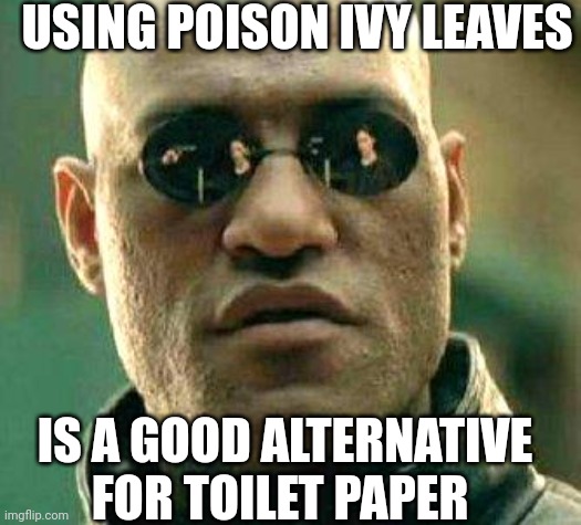 What if i told you | USING POISON IVY LEAVES; IS A GOOD ALTERNATIVE FOR TOILET PAPER | image tagged in what if i told you | made w/ Imgflip meme maker