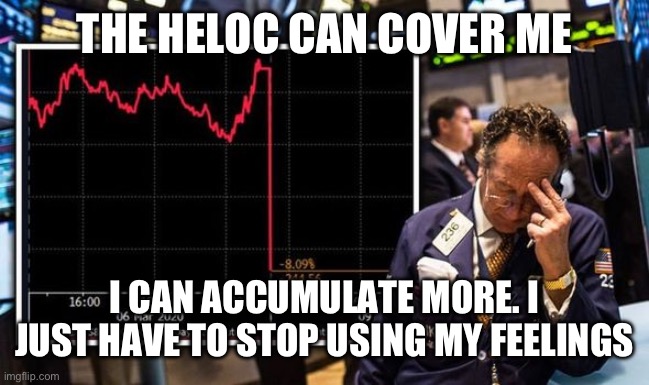 The Trump Economy Stock Market | THE HELOC CAN COVER ME; I CAN ACCUMULATE MORE. I JUST HAVE TO STOP USING MY FEELINGS | image tagged in the trump economy stock market | made w/ Imgflip meme maker