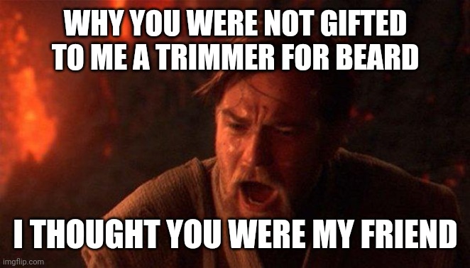 You are greedy Anakin | WHY YOU WERE NOT GIFTED TO ME A TRIMMER FOR BEARD; I THOUGHT YOU WERE MY FRIEND | image tagged in memes,you were the chosen one star wars | made w/ Imgflip meme maker