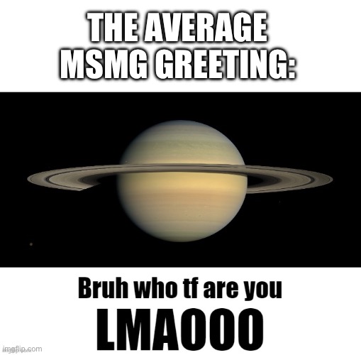 . | THE AVERAGE MSMG GREETING: | image tagged in bruh who tf are you lmaooo | made w/ Imgflip meme maker