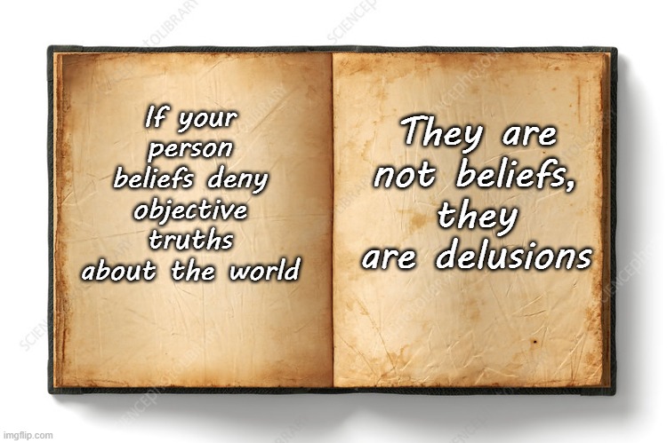 Delusions | They are not beliefs, they are delusions; If your person beliefs deny objective truths about the world | image tagged in book | made w/ Imgflip meme maker