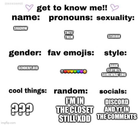 EEEEEEEEE | THEY/ THEM; SHADOW; LESBIAN; GENDERFLUID; DARK CLOTHES, SOMEWHAT EMO; 💀❤🧡💛💚💙💜🙃; ??? DISCORD AND YT IN THE COMMENTS; I'M IN THE CLOSET STILL XDD | image tagged in get to know me | made w/ Imgflip meme maker
