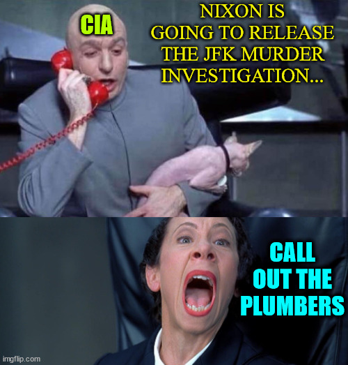 Dr Evil and Frau | NIXON IS GOING TO RELEASE THE JFK MURDER INVESTIGATION... CALL OUT THE PLUMBERS CIA | image tagged in dr evil and frau | made w/ Imgflip meme maker