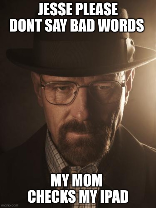 Walter White | JESSE PLEASE DONT SAY BAD WORDS; MY MOM  CHECKS MY IPAD | image tagged in walter white | made w/ Imgflip meme maker