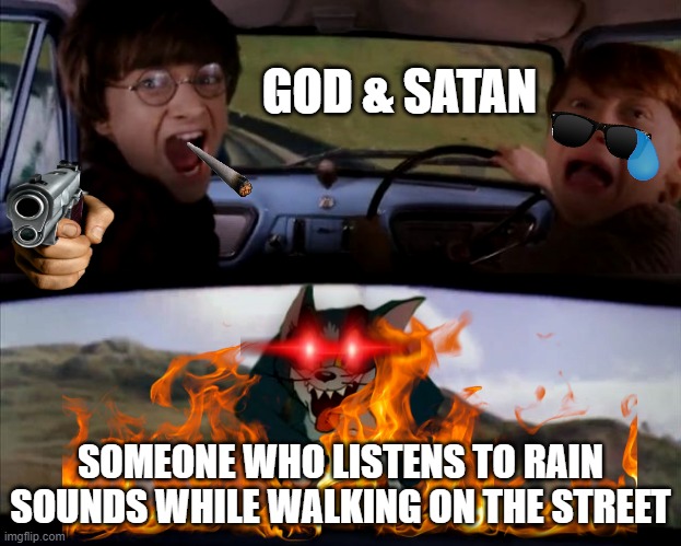 tom and harry potter | GOD & SATAN; SOMEONE WHO LISTENS TO RAIN SOUNDS WHILE WALKING ON THE STREET | image tagged in tom and harry potter,relatable memes | made w/ Imgflip meme maker