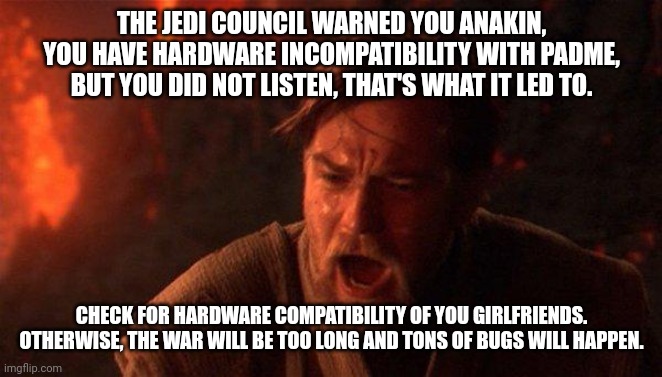 Hardware incompatibility | THE JEDI COUNCIL WARNED YOU ANAKIN, YOU HAVE HARDWARE INCOMPATIBILITY WITH PADME, BUT YOU DID NOT LISTEN, THAT'S WHAT IT LED TO. CHECK FOR HARDWARE COMPATIBILITY OF YOU GIRLFRIENDS. OTHERWISE, THE WAR WILL BE TOO LONG AND TONS OF BUGS WILL HAPPEN. | image tagged in memes,you were the chosen one star wars | made w/ Imgflip meme maker