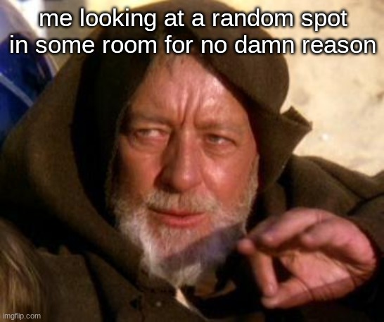 Obi Wan Kenobi Jedi Mind Trick | me looking at a random spot in some room for no damn reason | image tagged in obi wan kenobi jedi mind trick | made w/ Imgflip meme maker