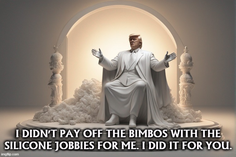 Say wha? | I DIDN'T PAY OFF THE BIMBOS WITH THE SILICONE JOBBIES FOR ME. I DID IT FOR YOU. | image tagged in trump,pay,bimbos,silicone | made w/ Imgflip meme maker