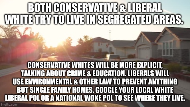 Suburban Morning | BOTH CONSERVATIVE & LIBERAL WHITE TRY TO LIVE IN SEGREGATED AREAS. CONSERVATIVE WHITES WILL BE MORE EXPLICIT, TALKING ABOUT CRIME & EDUCATION. LIBERALS WILL USE ENVIRONMENTAL & OTHER LAW TO PREVENT ANYTHING BUT SINGLE FAMILY HOMES. GOOGLE YOUR LOCAL WHITE LIBERAL POL OR A NATIONAL WOKE POL TO SEE WHERE THEY LIVE. | image tagged in suburban morning | made w/ Imgflip meme maker