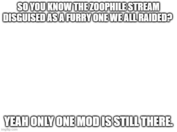 SO YOU KNOW THE ZOOPHILE STREAM DISGUISED AS A FURRY ONE WE ALL RAIDED? YEAH ONLY ONE MOD IS STILL THERE. | made w/ Imgflip meme maker