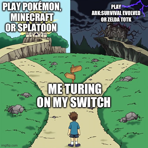 Happens every time | PLAY POKÉMON, MINECRAFT OR SPLATOON; PLAY ARK:SURVIVAL EVOLVED OR ZELDA TOTK; ME TURING ON MY SWITCH | image tagged in two castles,nintendo switch | made w/ Imgflip meme maker