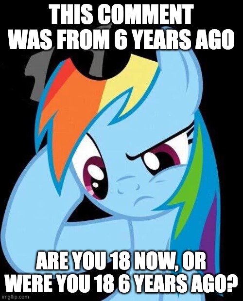 THIS COMMENT WAS FROM 6 YEARS AGO ARE YOU 18 NOW, OR WERE YOU 18 6 YEARS AGO? | image tagged in confused rainbow dash | made w/ Imgflip meme maker
