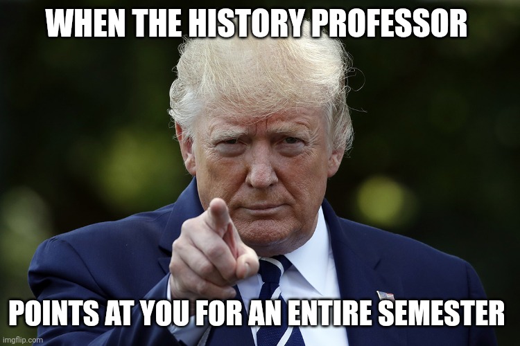 He literally does nothing else except point at you | WHEN THE HISTORY PROFESSOR; POINTS AT YOU FOR AN ENTIRE SEMESTER | image tagged in donald trump | made w/ Imgflip meme maker