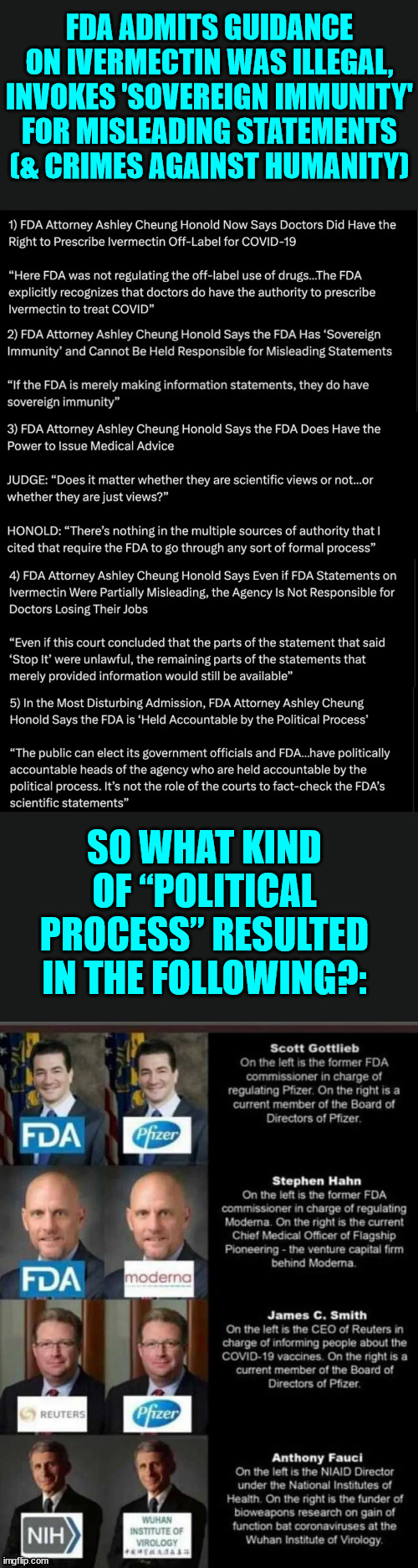 FDA admits the truth | FDA ADMITS GUIDANCE ON IVERMECTIN WAS ILLEGAL, INVOKES 'SOVEREIGN IMMUNITY' FOR MISLEADING STATEMENTS (& CRIMES AGAINST HUMANITY); SO WHAT KIND OF “POLITICAL PROCESS” RESULTED IN THE FOLLOWING?: | image tagged in covid,truth,government corruption | made w/ Imgflip meme maker