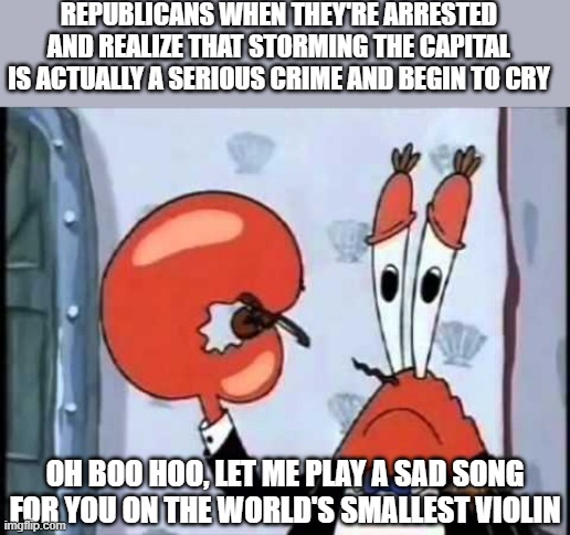 Republicans = narcissistic clowns | REPUBLICANS WHEN THEY'RE ARRESTED AND REALIZE THAT STORMING THE CAPITAL IS ACTUALLY A SERIOUS CRIME AND BEGIN TO CRY; OH BOO HOO, LET ME PLAY A SAD SONG FOR YOU ON THE WORLD'S SMALLEST VIOLIN | image tagged in mr krabs-oh boo hoo this is the worlds smallest violin and it | made w/ Imgflip meme maker
