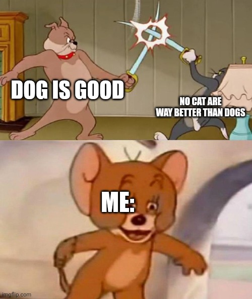 Tom and Jerry swordfight | DOG IS GOOD; NO CAT ARE WAY BETTER THAN DOGS; ME: | image tagged in tom and jerry swordfight,tom and jerry | made w/ Imgflip meme maker