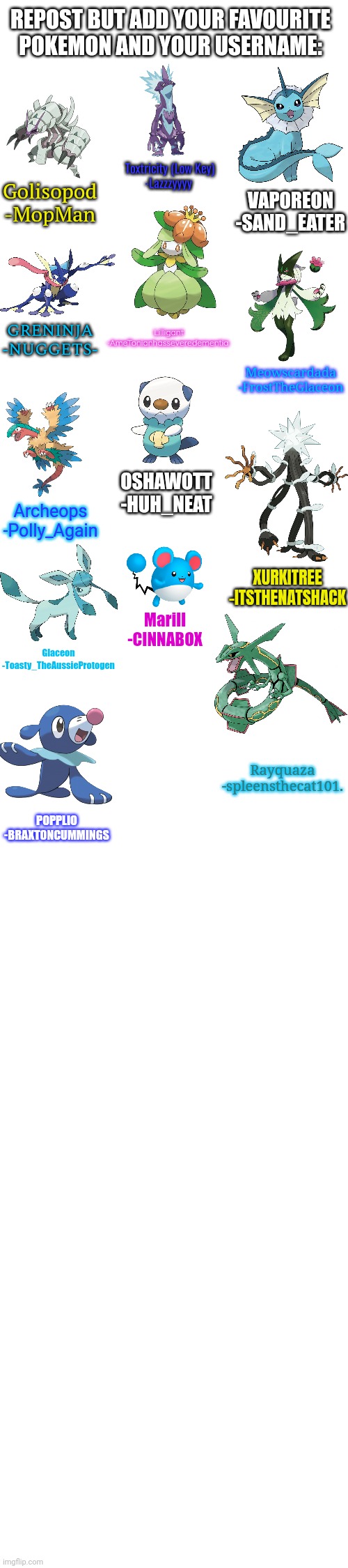 The third and final time I'm doing this | REPOST BUT ADD YOUR FAVOURITE POKEMON AND YOUR USERNAME:; Toxtricity (Low Key)
-Lazzzyyyy; Golisopod
-MopMan; VAPOREON
-SAND_EATER; GRENINJA
-NUGGETS-; Lilligant
-AmeTonianhasseveredementia; Meowscardada
-FrostTheGlaceon; OSHAWOTT
-HUH_NEAT; Archeops
-Polly_Again; XURKITREE
-ITSTHENATSHACK; Marill
-CINNABOX; Glaceon
-Toasty_TheAussieProtogen; Rayquaza
-spleensthecat101. POPPLIO
-BRAXTONCUMMINGS | image tagged in repost but | made w/ Imgflip meme maker