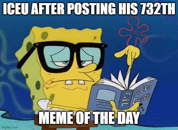 spongebob with glasses searching | ICEU AFTER POSTING HIS 732TH; MEME OF THE DAY | image tagged in spongebob with glasses searching,iceu,memes | made w/ Imgflip meme maker