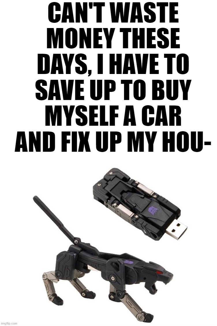 OK, Just this once. | CAN'T WASTE MONEY THESE DAYS, I HAVE TO SAVE UP TO BUY MYSELF A CAR AND FIX UP MY HOU- | image tagged in transformers,ravage,this is real | made w/ Imgflip meme maker