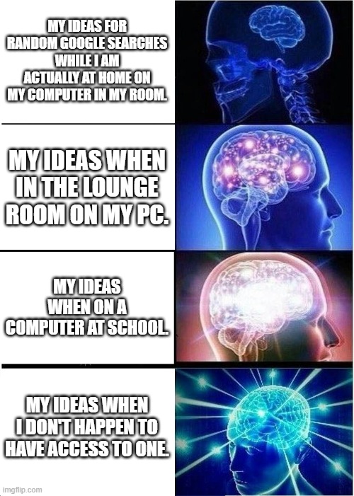 Ideas For Googling | MY IDEAS FOR RANDOM GOOGLE SEARCHES WHILE I AM ACTUALLY AT HOME ON MY COMPUTER IN MY ROOM. MY IDEAS WHEN IN THE LOUNGE ROOM ON MY PC. MY IDEAS WHEN ON A COMPUTER AT SCHOOL. MY IDEAS WHEN I DON'T HAPPEN TO HAVE ACCESS TO ONE. | image tagged in memes,expanding brain | made w/ Imgflip meme maker