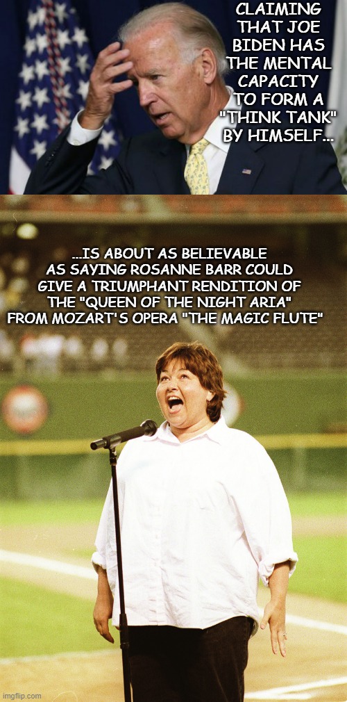 CLAIMING THAT JOE BIDEN HAS THE MENTAL CAPACITY TO FORM A "THINK TANK" BY HIMSELF... ...IS ABOUT AS BELIEVABLE AS SAYING ROSANNE BARR COULD  | image tagged in joe biden worries,roseanne | made w/ Imgflip meme maker