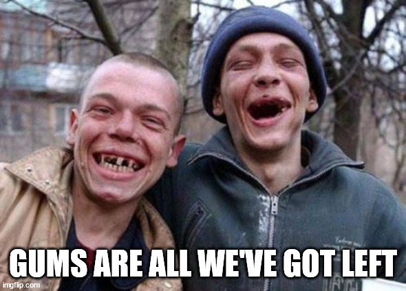 Ugly Twins Meme | GUMS ARE ALL WE'VE GOT LEFT | image tagged in memes,ugly twins | made w/ Imgflip meme maker
