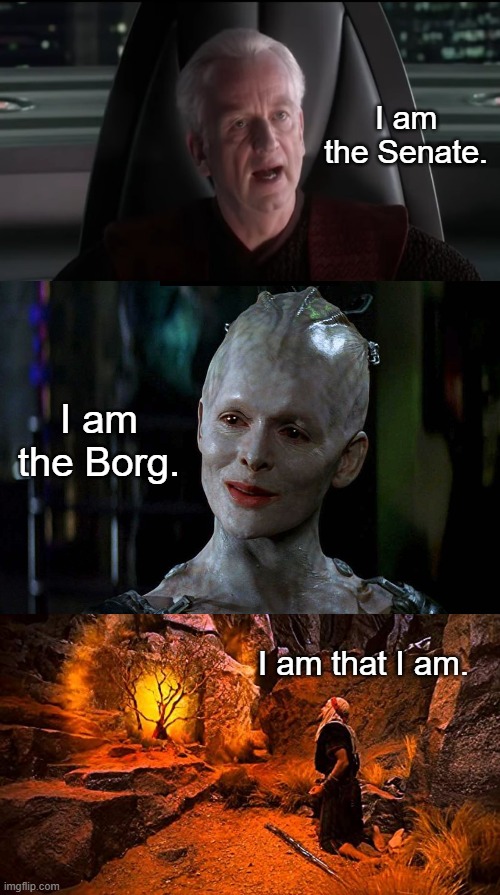 Who did it best? | I am the Senate. I am the Borg. I am that I am. | image tagged in i am the senate | made w/ Imgflip meme maker