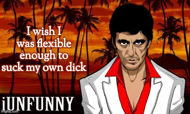 iUnFunny's Scarface template | I wish I was flexible enough to suck my own dick | image tagged in iunfunny's scarface template | made w/ Imgflip meme maker