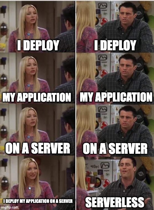 It's all about servers | I DEPLOY; I DEPLOY; MY APPLICATION; MY APPLICATION; ON A SERVER; ON A SERVER; I DEPLOY MY APPLICATION ON A SERVER; SERVERLESS | image tagged in phoebe joey,serverless,sysadmin,adminsys,technology | made w/ Imgflip meme maker