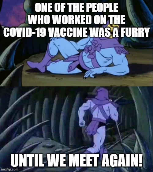Skeletor disturbing facts | ONE OF THE PEOPLE WHO WORKED ON THE COVID-19 VACCINE WAS A FURRY; UNTIL WE MEET AGAIN! | image tagged in skeletor disturbing facts | made w/ Imgflip meme maker