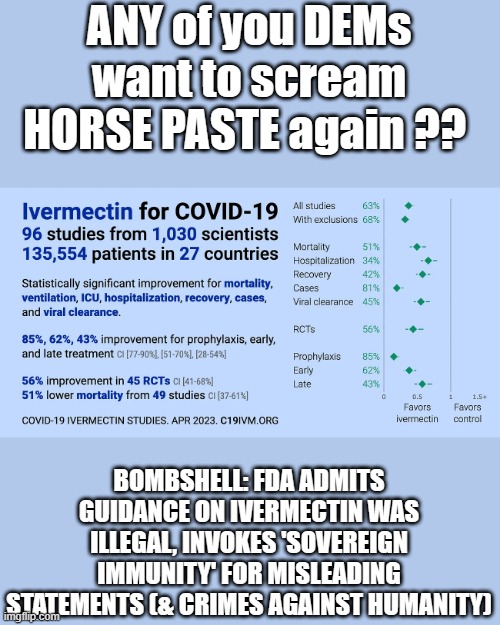 THE LIE is DEAD. " “FDA explicitly recognizes that doctors do have the authority to prescribe ivermectin to treat COVID,” Ashley | ANY of you DEMs want to scream HORSE PASTE again ?? BOMBSHELL: FDA ADMITS GUIDANCE ON IVERMECTIN WAS ILLEGAL, INVOKES 'SOVEREIGN IMMUNITY' FOR MISLEADING STATEMENTS (& CRIMES AGAINST HUMANITY) | image tagged in democrats,psychopaths and serial killers | made w/ Imgflip meme maker