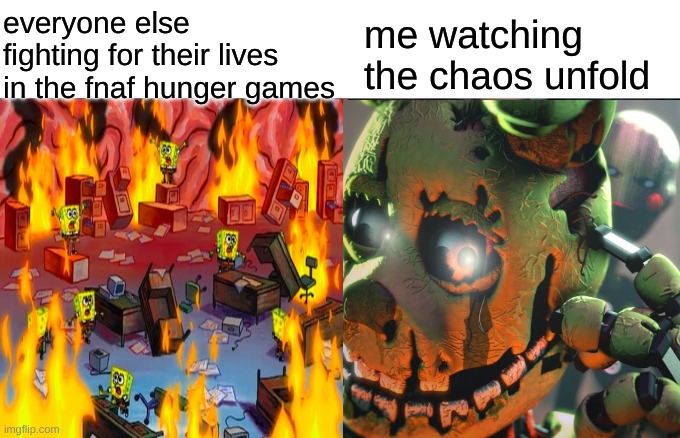 entertainment at it's finest | everyone else fighting for their lives in the fnaf hunger games; me watching the chaos unfold | image tagged in memes,woman yelling at cat | made w/ Imgflip meme maker