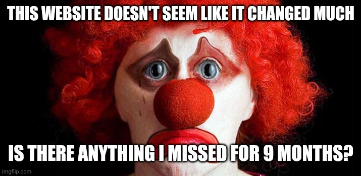 Sad clown | THIS WEBSITE DOESN'T SEEM LIKE IT CHANGED MUCH; IS THERE ANYTHING I MISSED FOR 9 MONTHS? | image tagged in sad clown | made w/ Imgflip meme maker