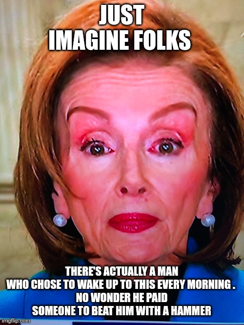 nancy pelosi | JUST IMAGINE FOLKS; THERE'S ACTUALLY A MAN WHO CHOSE TO WAKE UP TO THIS EVERY MORNING . 
NO WONDER HE PAID SOMEONE TO BEAT HIM WITH A HAMMER | image tagged in nancy pelosi | made w/ Imgflip meme maker