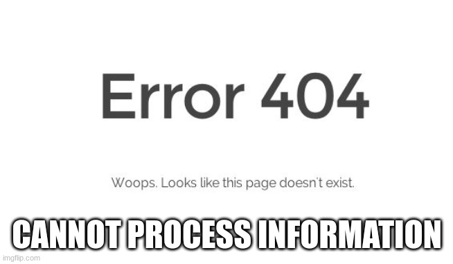 Error 404 | CANNOT PROCESS INFORMATION | image tagged in error 404 | made w/ Imgflip meme maker