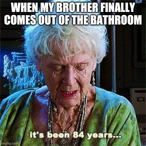 It's been 84 years | WHEN MY BROTHER FINALLY COMES OUT OF THE BATHROOM | image tagged in it's been 84 years | made w/ Imgflip meme maker