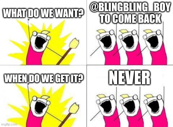 i am back!!! | WHAT DO WE WANT? @BLINGBLING_BOY TO COME BACK; NEVER; WHEN DO WE GET IT? | image tagged in memes,what do we want | made w/ Imgflip meme maker