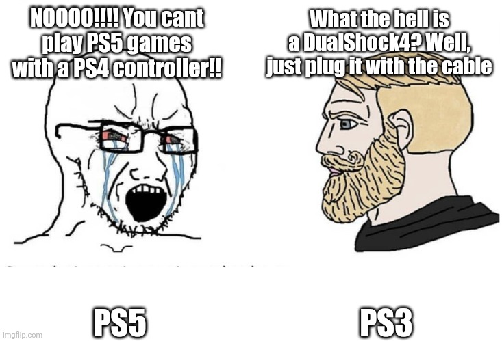 So true | NOOOO!!!! You cant play PS5 games with a PS4 controller!! What the hell is a DualShock4? Well, just plug it with the cable; PS3; PS5 | image tagged in soyboy vs yes chad,ps4,ps3 | made w/ Imgflip meme maker