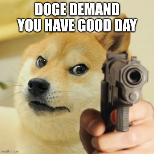 DON'T make him angry | DOGE DEMAND YOU HAVE GOOD DAY | image tagged in doge holding a gun | made w/ Imgflip meme maker